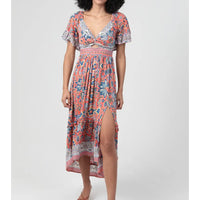 V Neck Twist Front Cut Out Side Slit Hi Lo Maxi Dress