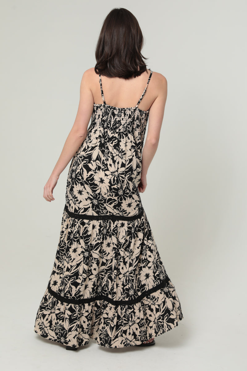 Black/Ivory Spaghetti Strap Tiered Babydoll Maxi Dress