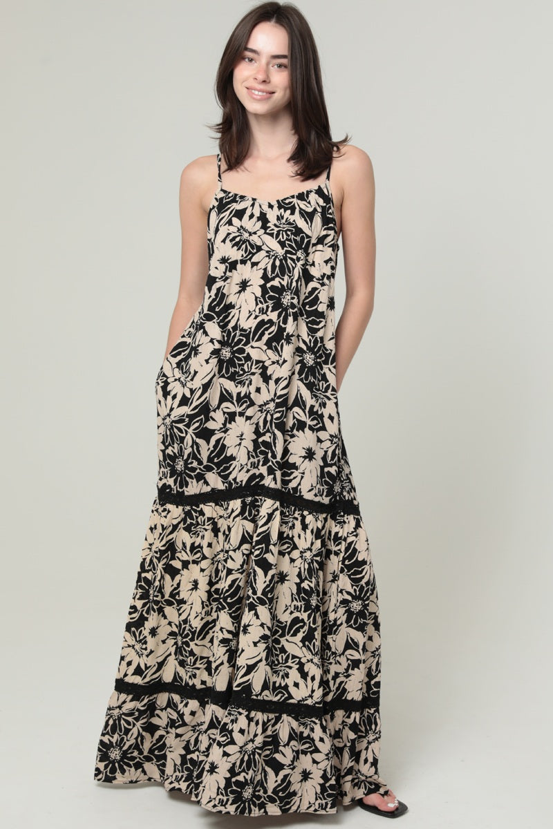 Black/Ivory Spaghetti Strap Tiered Babydoll Maxi Dress