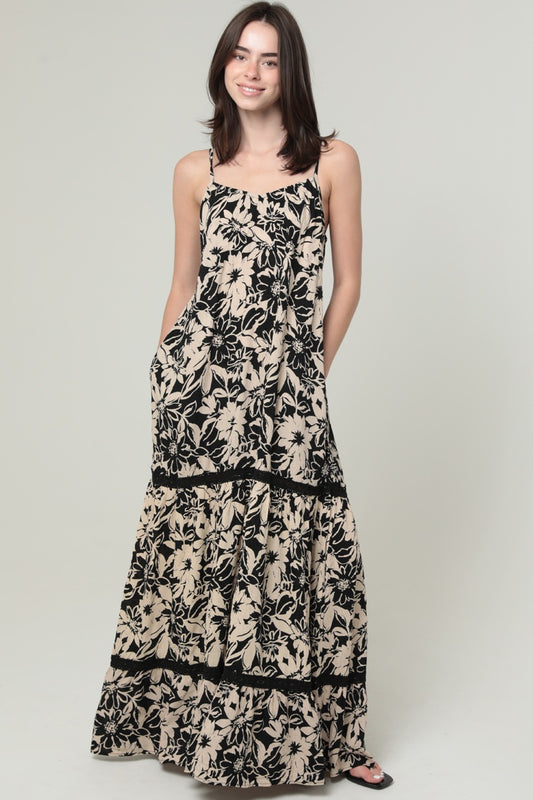 Black/Ivory Spaghetti Strap Tiered Babydoll Maxi Dress