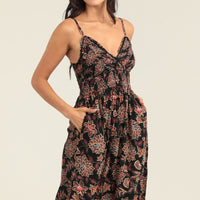 Black Spaghetti Strap Smocked V Bodice Tie Front Maxi Dress