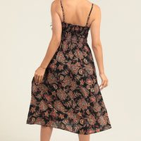 Black Spaghetti Strap Smocked V Bodice Tie Front Maxi Dress