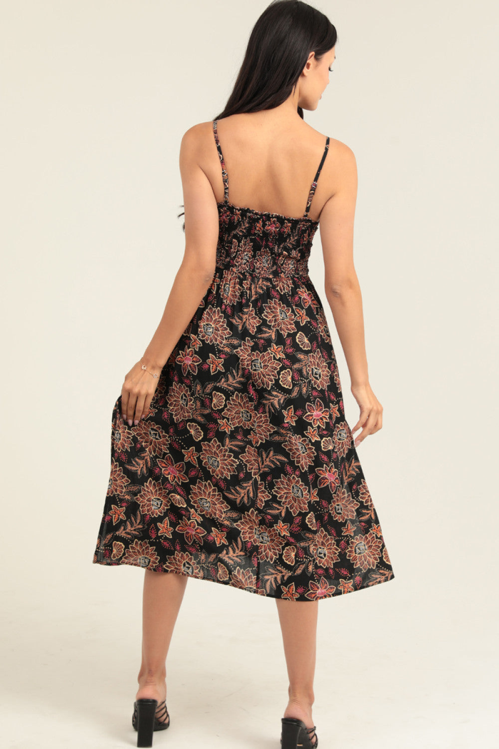 Black Spaghetti Strap Smocked V Bodice Tie Front Maxi Dress