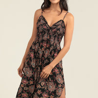 Black Spaghetti Strap Smocked V Bodice Tie Front Maxi Dress