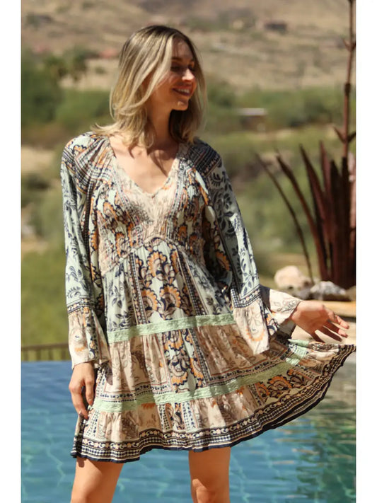 V Neck Smocked Bodice Long Bell Sleeve Lace