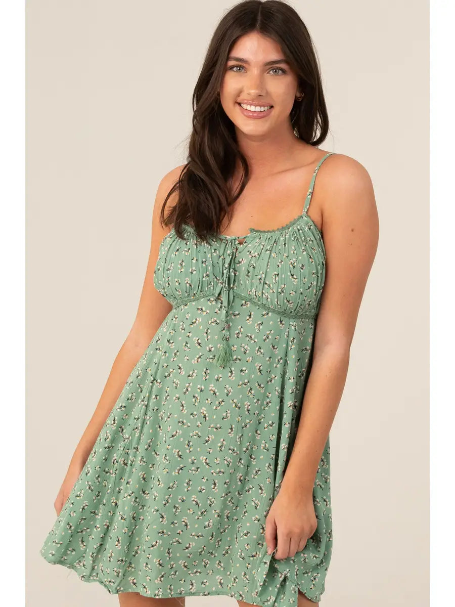 Spag Strap Ditsy Print Sundress with Tie Bust