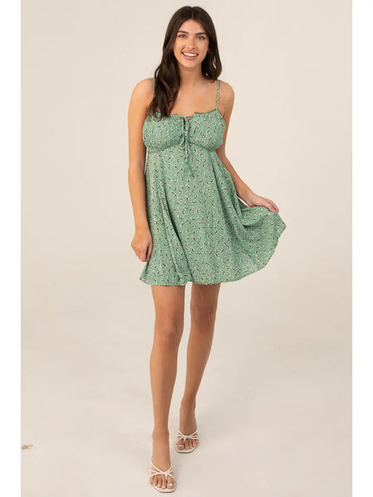 Spag Strap Ditsy Print Sundress with Tie Bust