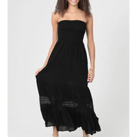 Lace Trim Smocked Bust Strapless Maxi Dress