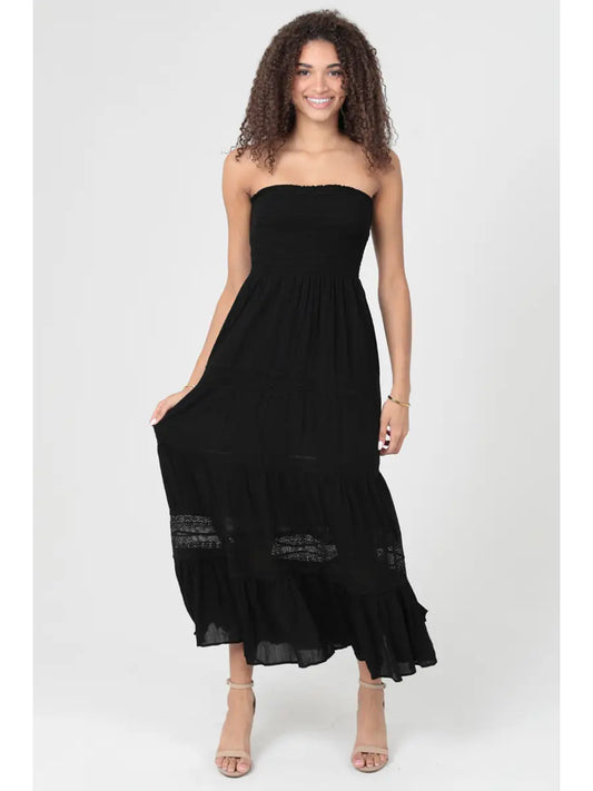Lace Trim Smocked Bust Strapless Maxi Dress