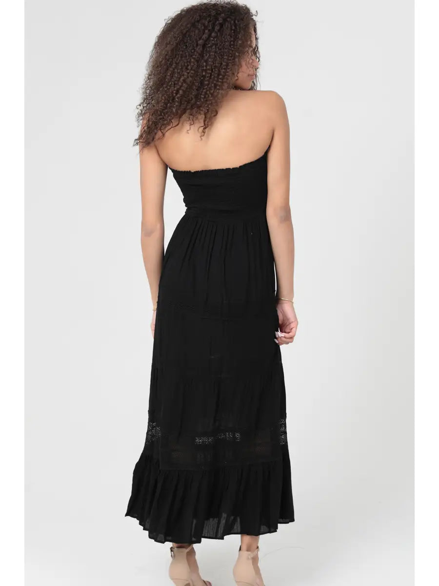 Lace Trim Smocked Bust Strapless Maxi Dress