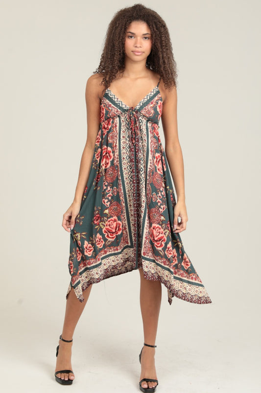 Olive Jagged Hem Midi With Tie Dress