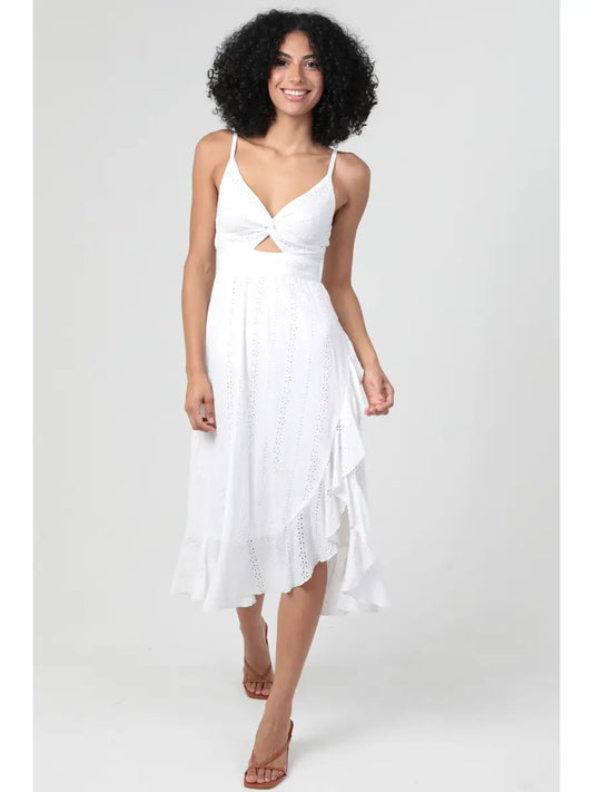 Twist Front Ruffle Hem Slit Midi Dress