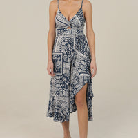 Twist Front Ruffle Hem With Slit Midi Dress