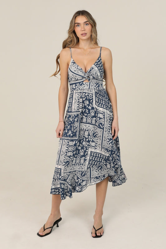 Twist Front Ruffle Hem With Slit Midi Dress
