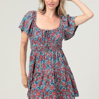 Aqua Square Neck SS Dress With Faux Tie At Neck