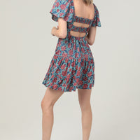 Aqua Square Neck SS Dress With Faux Tie At Neck