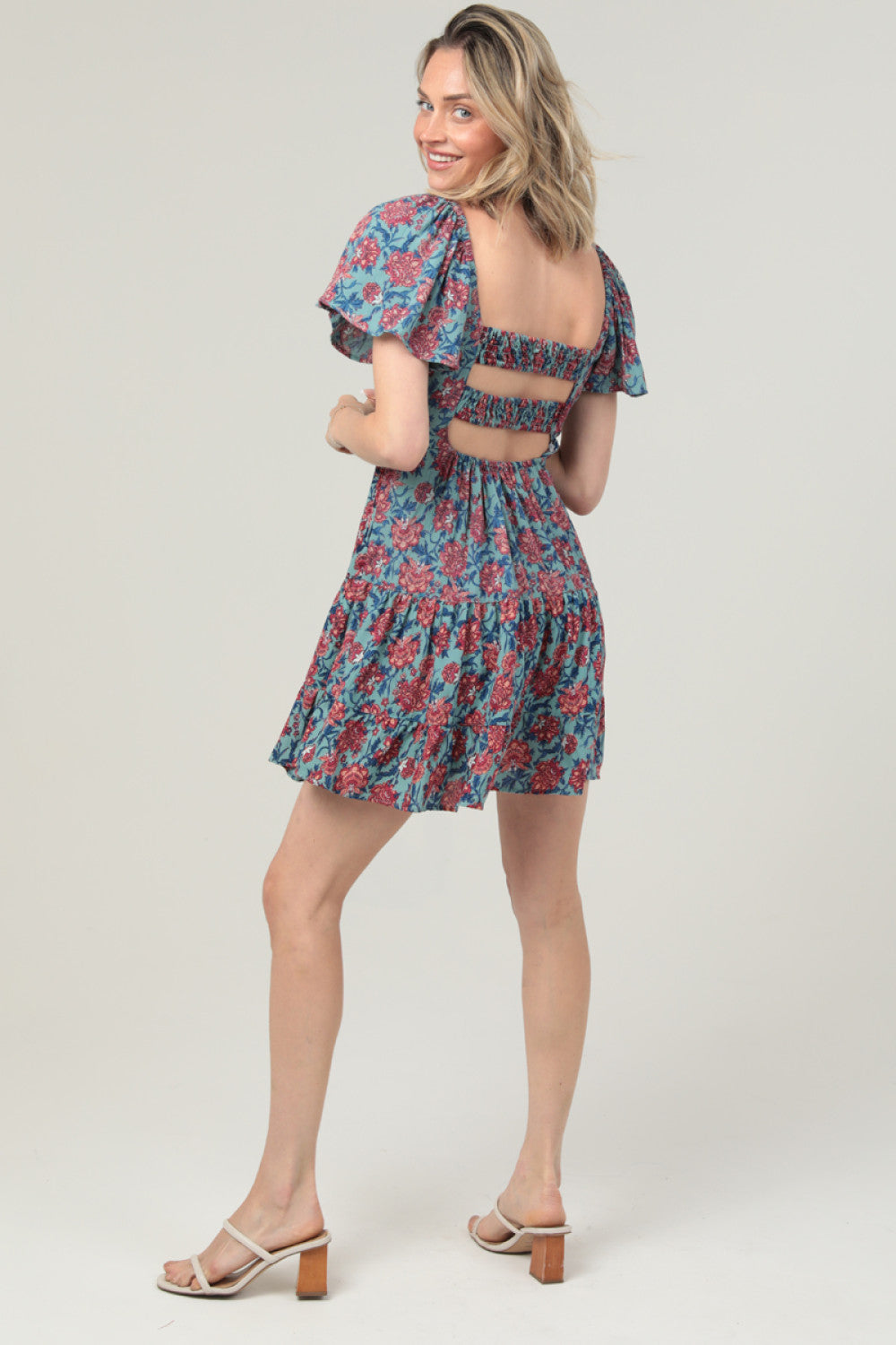 Aqua Square Neck SS Dress With Faux Tie At Neck