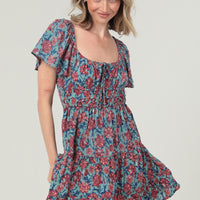 Aqua Square Neck SS Dress With Faux Tie At Neck