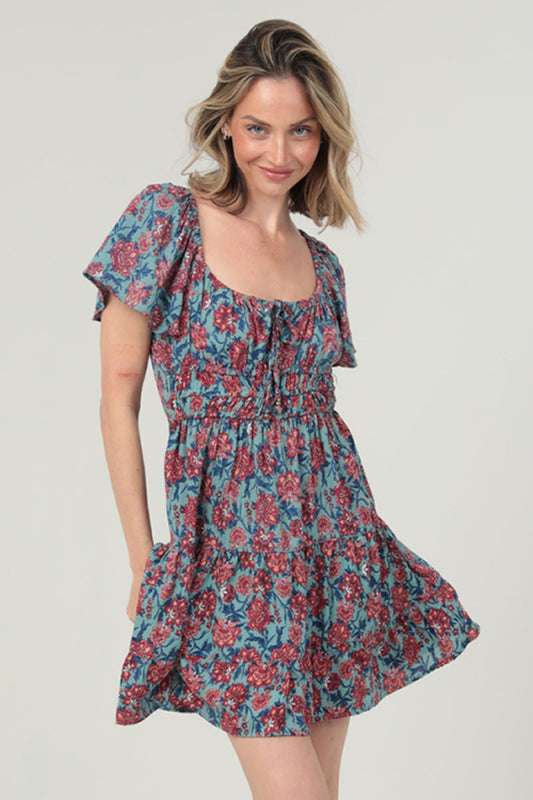 Aqua Square Neck SS Dress With Faux Tie At Neck