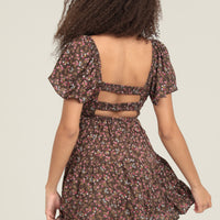 Coffee Bean Flowy SS Dress With Tiered Hem And Waist Smocking