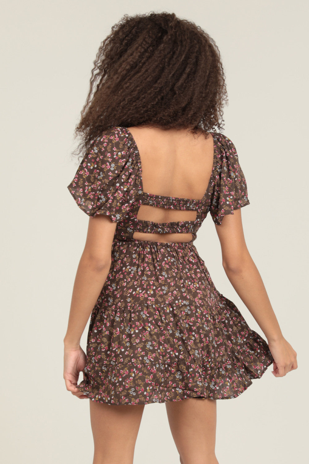 Coffee Bean Flowy SS Dress With Tiered Hem And Waist Smocking