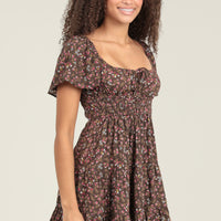 Coffee Bean Flowy SS Dress With Tiered Hem And Waist Smocking