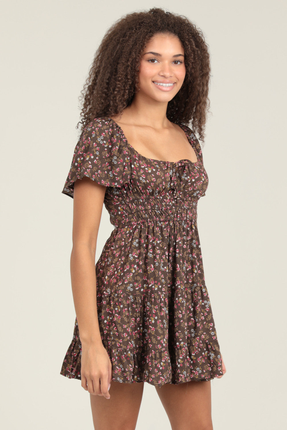 Coffee Bean Flowy SS Dress With Tiered Hem And Waist Smocking