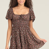 Coffee Bean Flowy SS Dress With Tiered Hem And Waist Smocking