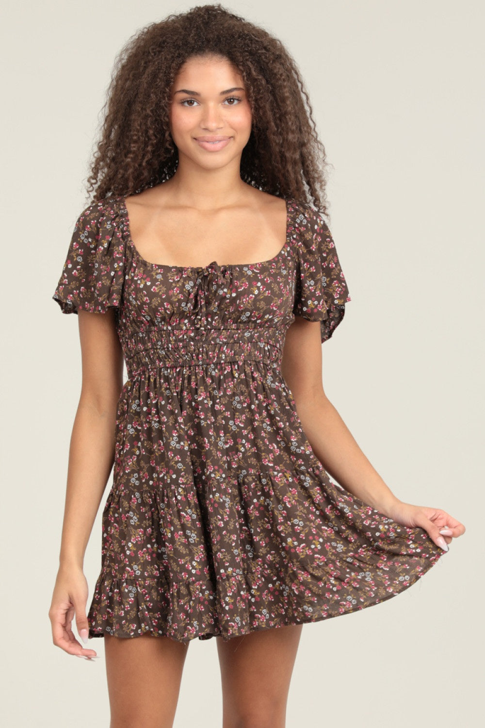 Coffee Bean Flowy SS Dress With Tiered Hem And Waist Smocking