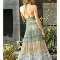 V Neck Printed Halter Neck Maxi Dress