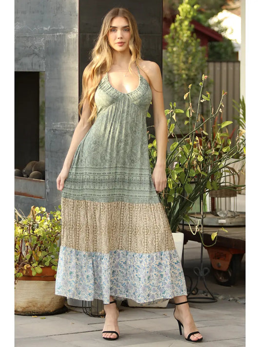 V Neck Printed Halter Neck Maxi Dress