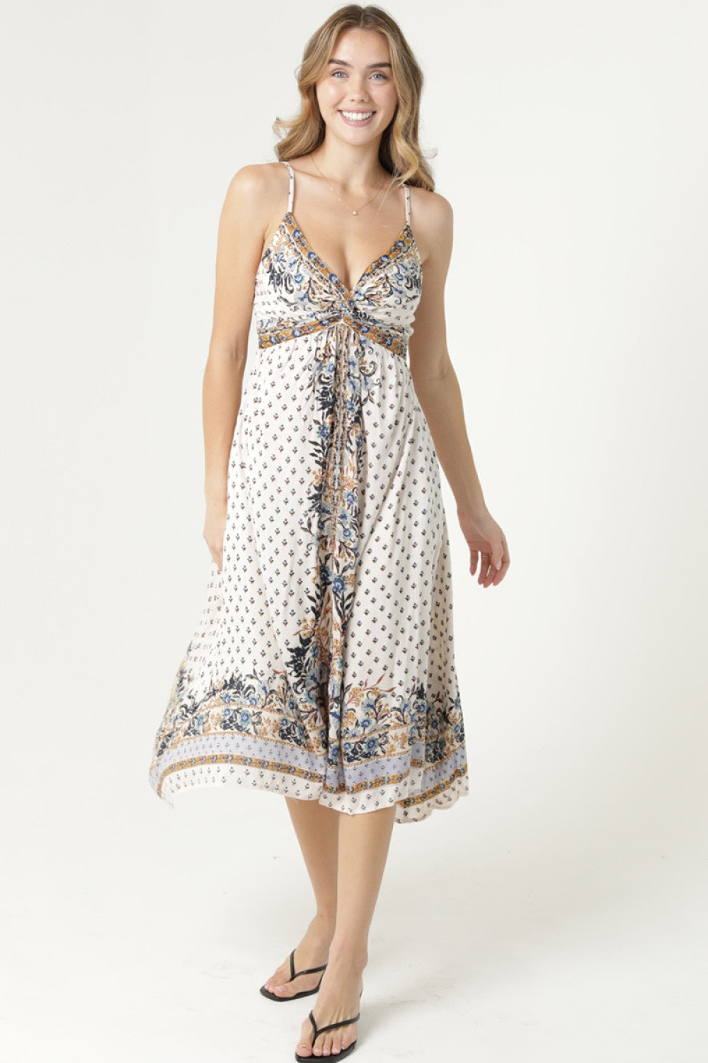 Twist Front Midi Dress With Spaghetti Straps