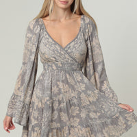 Silver Lurec Bell Sleeve Dress Witj Neckline Detailing