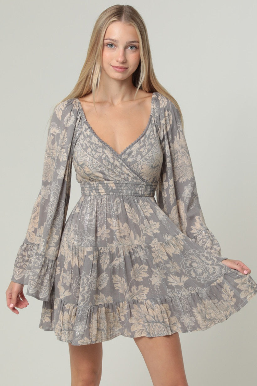Silver Lurec Bell Sleeve Dress Witj Neckline Detailing