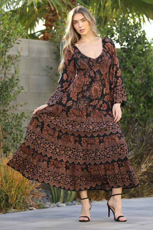 Black Smocked Bust Bell Sleeve Maxi Dress