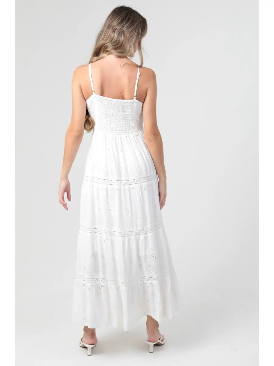 Twist Front Eyelet Embroidered Lace Trim Maxi Dress