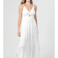 Twist Front Eyelet Embroidered Lace Trim Maxi Dress