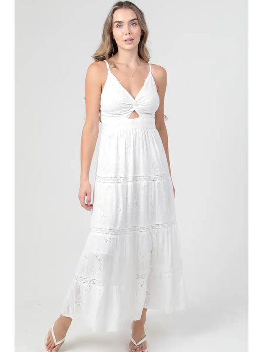 Twist Front Eyelet Embroidered Lace Trim Maxi Dress