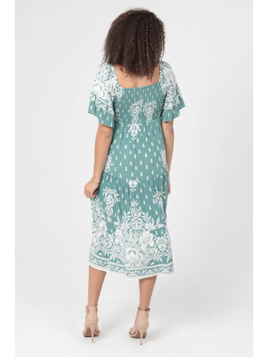 Twist Front Ruffle Sleeves Midi Dress