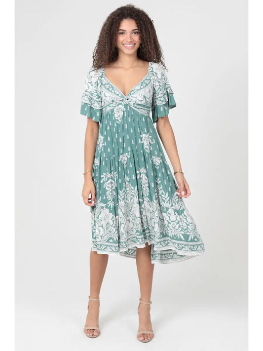 Twist Front Ruffle Sleeves Midi Dress