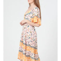 V Neck Twist Front Ruffle Sleeves Midi Dress