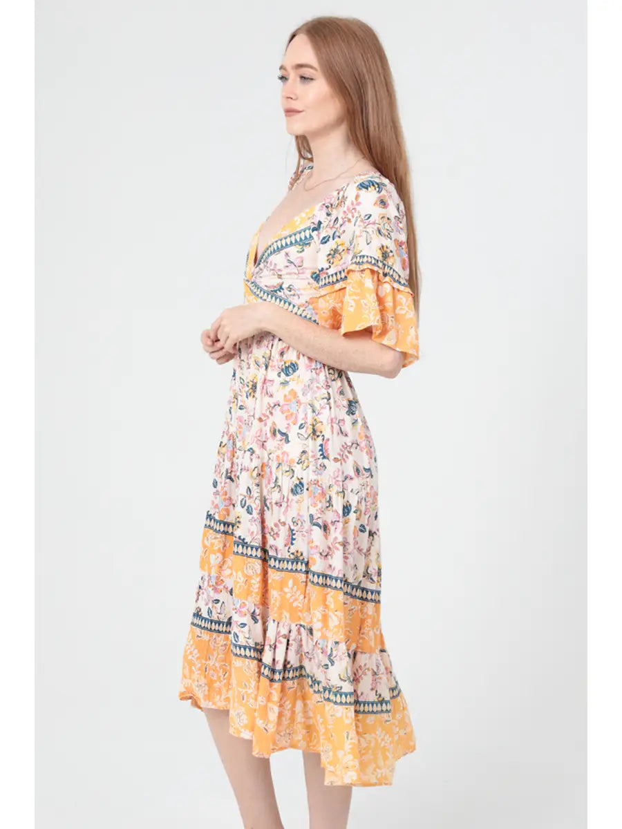 V Neck Twist Front Ruffle Sleeves Midi Dress