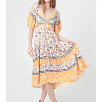 V Neck Twist Front Ruffle Sleeves Midi Dress