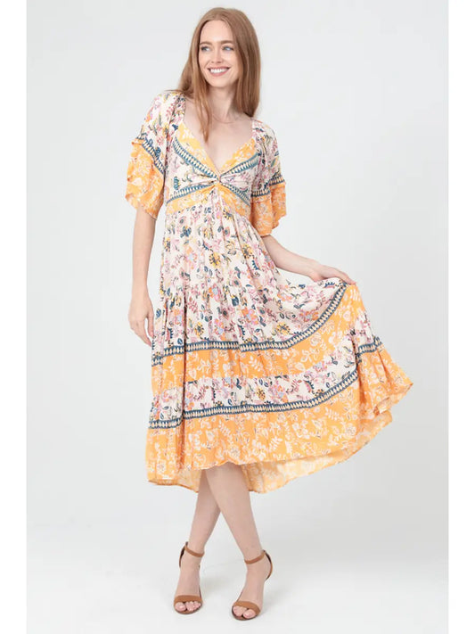 V Neck Twist Front Ruffle Sleeves Midi Dress