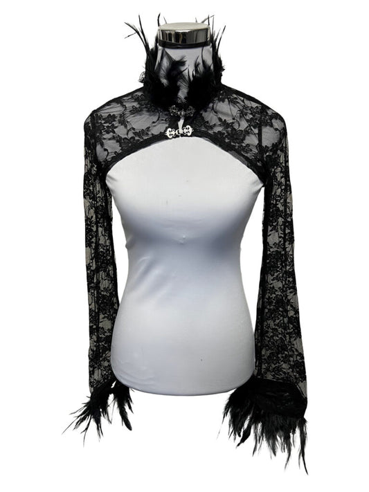 Lace Gothic Shawl W Mock Neck Feathers