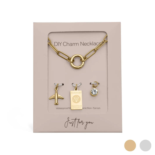 Gold Stainless Steel Travel Charm Holder Necklace Gift Set