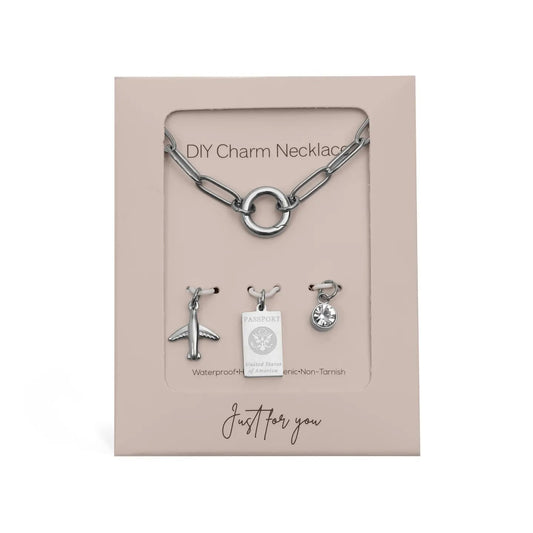Gold Stainless Steel Travel Charm Holder Necklace Gift Set