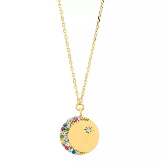 Crescent Moon 14K Gold Stainless Steel Coin Necklace