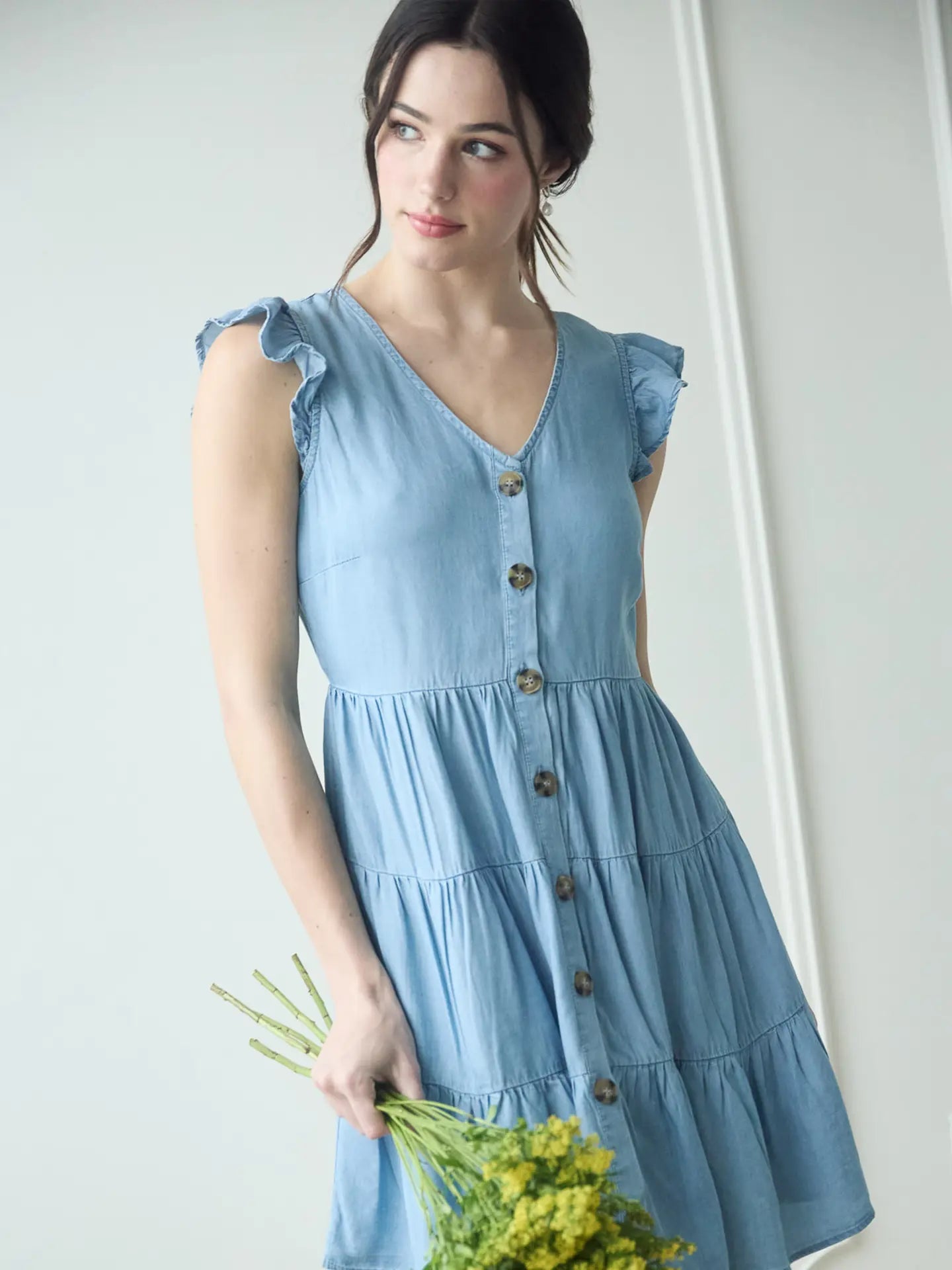 Chambray Button Down Tiered Mini Dress