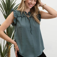Ruffle Collared Front Tie Sleeveless Top